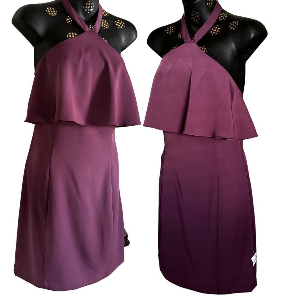PLUM PURPLE Halter Bare Back Fitted Ruffle Dress Mothers Day Graduation Lg NWT